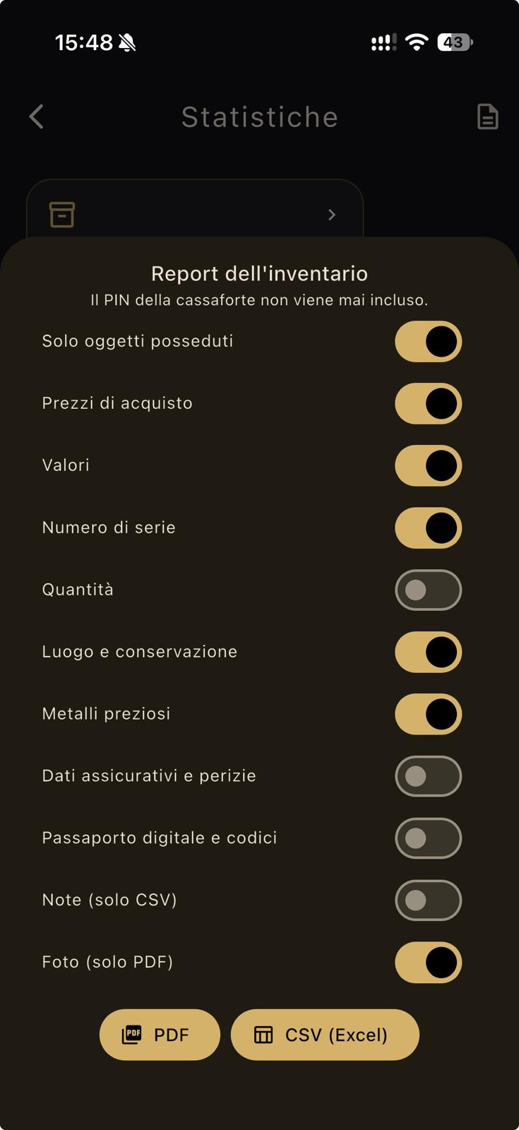 Report per Assicurazione in PDF e CSV
